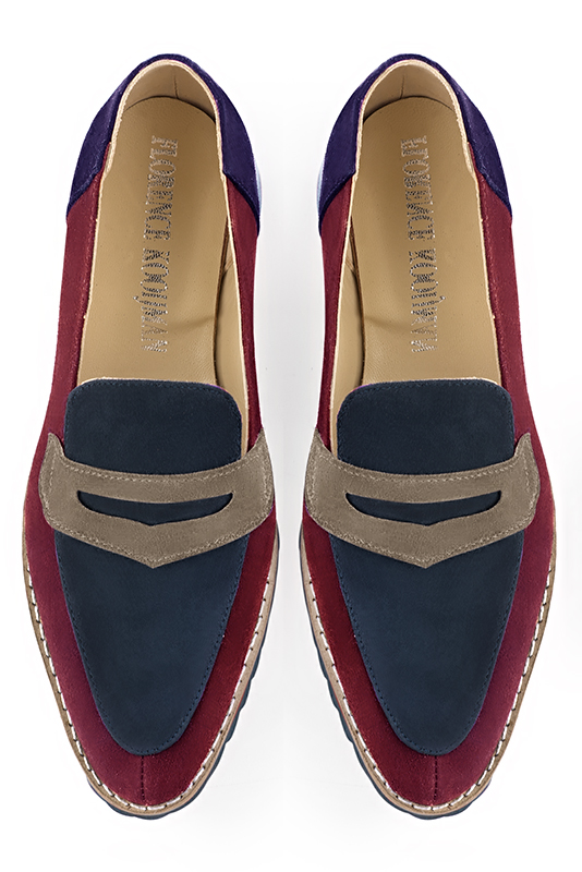 Burgundy red, navy blue and tan beige women's casual loafers. Round toe. Flat rubber soles. Top view - Florence KOOIJMAN